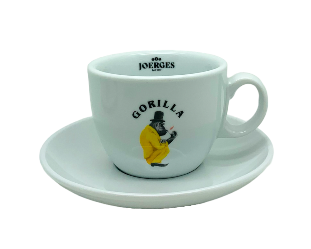 Gorilla Cappuccino Tasse und Untertasse mit Gorilla Marken Logo