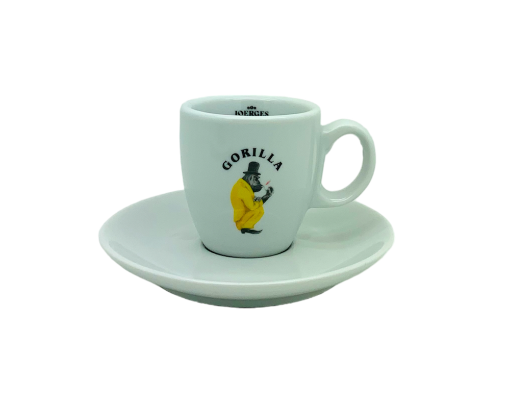 Gorilla Espresso Tasse und Untertasse mit Gorilla Marken Logo