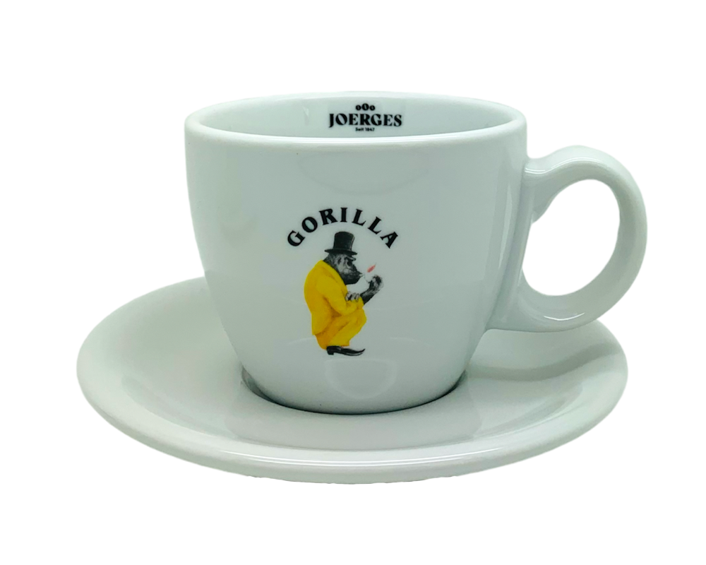 Gorilla Milchkaffee Tasse und Untertasse mit Gorilla Marken Logo