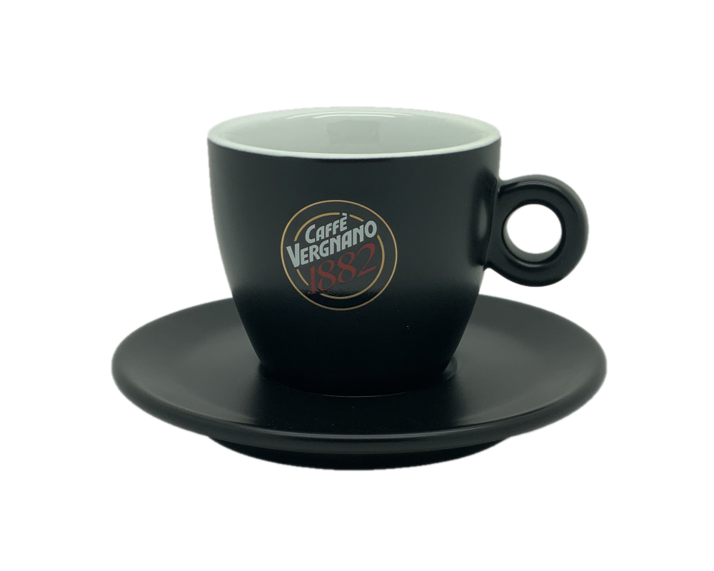 Vergnano matt schwarze Cappuccino Tasse mit Untertasse