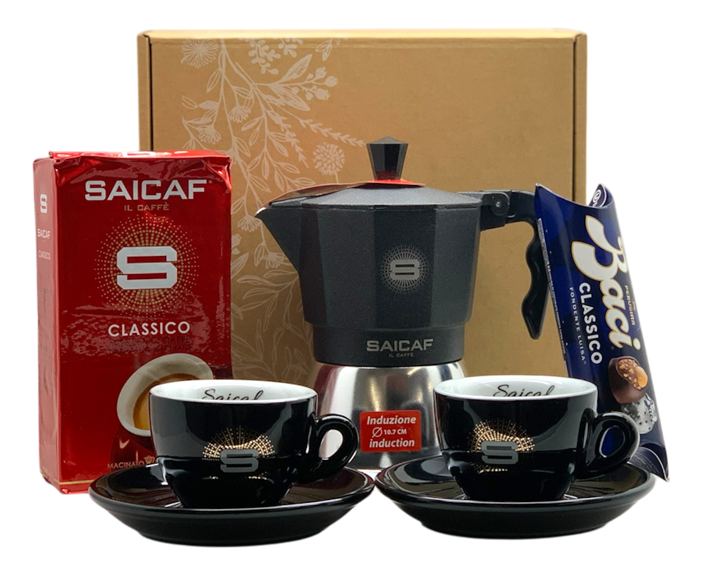 Saicaf Geschenkset Caffeteria TopMoka mit Tassen und Süßem