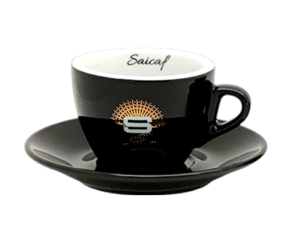 Saicaf schwarze Cappuccino Tasse mit edlem Logoprint