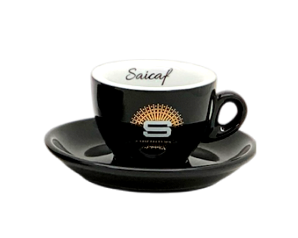 Saicaf schwarze Espressotasse mit edlem Logoprint